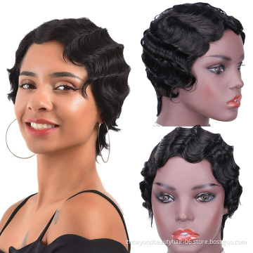 Cheap natural black Human Hair Wigs Natural Human Wig Brazilian Hair Full Machine Made Short  Finger Wave wigs for women
